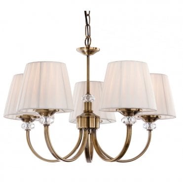 LANGHAM 5 Light Fitting, Antique Brass with Pleated Cream Shades