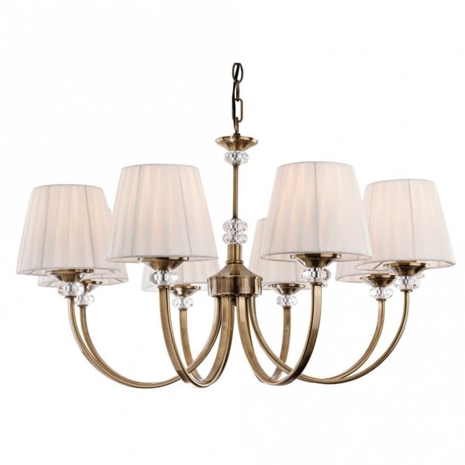 LANGHAM 8 Light Fitting, Antique Brass with Pleated Cream Shades