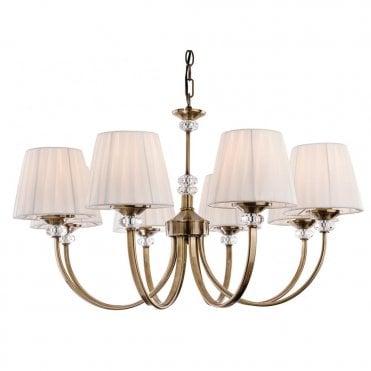 LANGHAM 8 Light Fitting, Antique Brass with Pleated Cream Shades