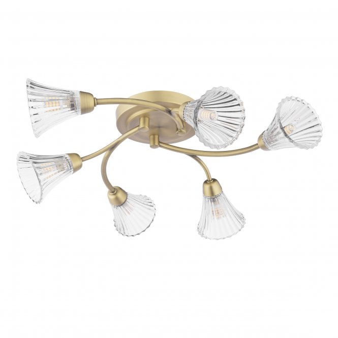 Lanton 6 light Semi-Flush Matt Antique Brass with Ribbed Glass Shades