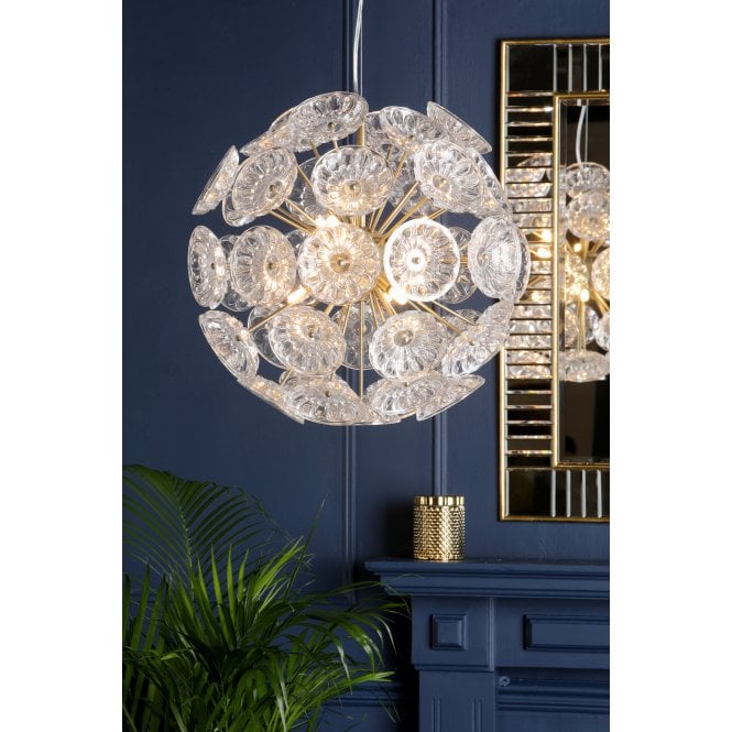  ELWICK 6 Light Pendant Textured Glass & Antique Brass