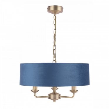 Laura Ashley SORRENTO 3 Light Pendant In Antique Brass & Blue Shade