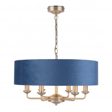 Laura Ashley SORRENTO 6 Light Pendant Antique Brass & Blue Shade switched on