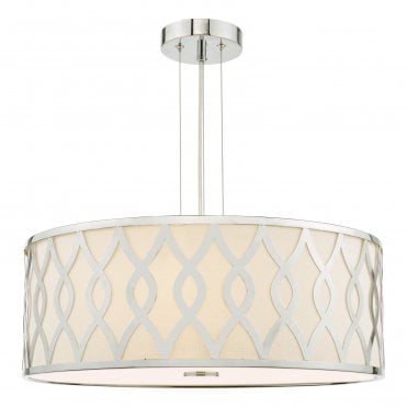 decorative ceiling pendant with chrome patterns over an ivoryshade