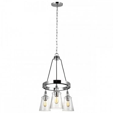 3 light chandelier in chrome with coned glass shades