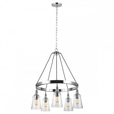 6 light chandelier in chrome with coned glass shades