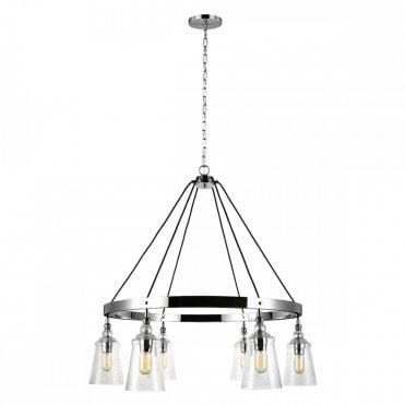 6 light chandelier in chrome with coned glass shades