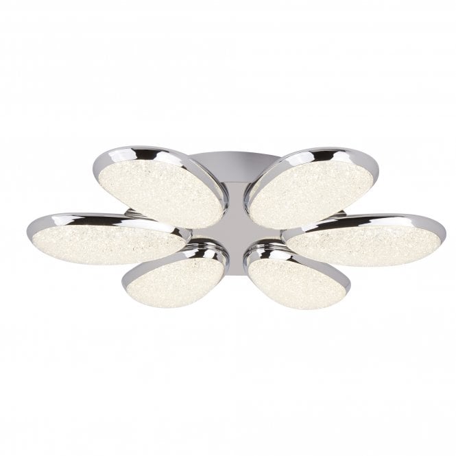 LORI 6 Light LED Ceiling Flush Fitting Petal Crushed Ice Effect Shades in Chrome