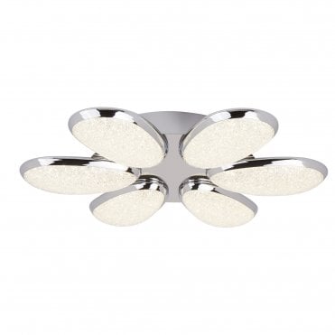 LORI 6 Light LED Ceiling Flush Fitting Petal Crushed Ice Effect Shades in Chrome