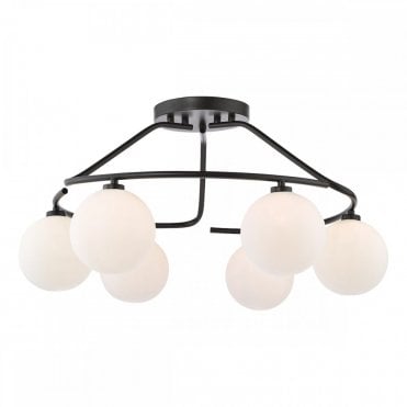 Luana 6 light semi flush ceiling light in matt black with opal glass shades – modern low ceiling lighting