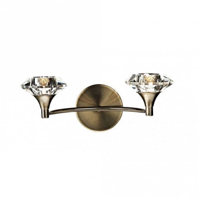 LUTHER - Antique Brass and Crystal Glass Double Wall Light , Switched