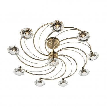 LUTHER - Antique Brass and Crystal Glass Semi Flush Ceiling Ceiling Light 10 Light