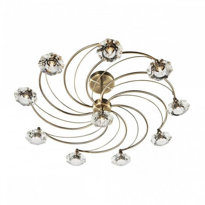LUTHER - Antique Brass and Crystal Glass Semi Flush Ceiling Ceiling Light 10 Light