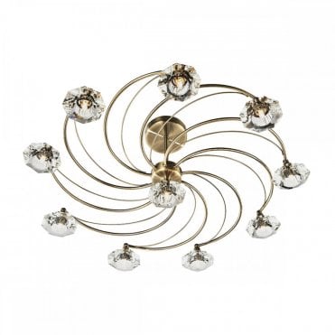 LUTHER - Antique Brass and Crystal Glass Semi Flush Ceiling Ceiling Light 10 Light