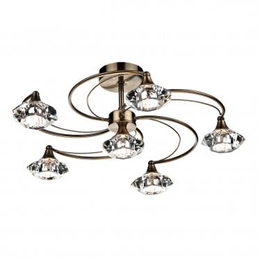 Antique Brass And Crystal Glass Semi Flush Ceiling Ceiling Light 6 Light