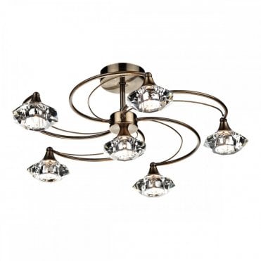 LUTHER - Antique Brass and Crystal Glass Semi Flush Ceiling Ceiling Light 6 Light
