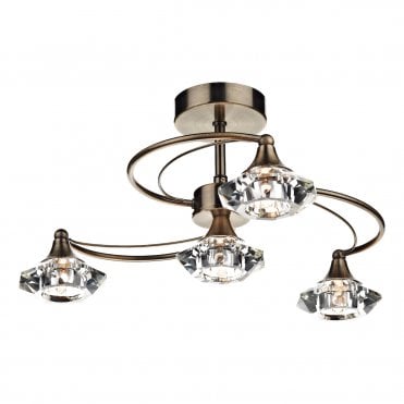 Antique Brass And Crystal Glass Semi Flush Ceiling Ceiling Light