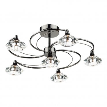 Black Chrome And Crystal Glass Semi Flush Ceiling Ceiling Light 6 Light