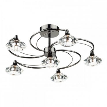 LUTHER - Black Chrome and Crystal Glass Semi Flush Ceiling Ceiling Light 6 Light