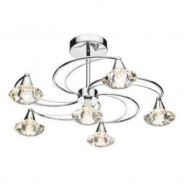 Polished Chrome And Crystal Glass Semi Flush Ceiling Ceiling Light 6 Light