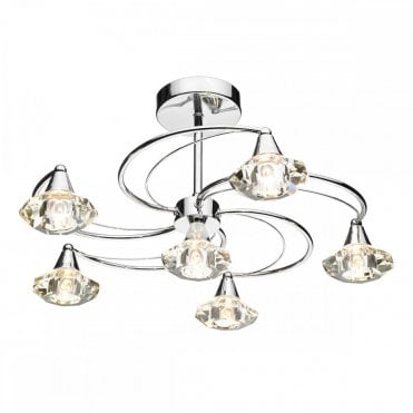 LUTHER - Polished Chrome and Crystal Glass Semi Flush Ceiling Ceiling Light 6 Light