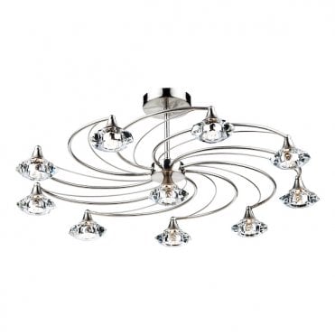 Satin Chrome And Crystal Glass Semi Flush Ceiling Ceiling Light 10 Light