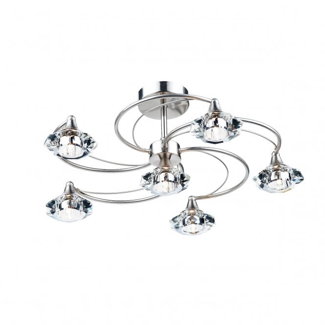 LUTHER - Satin Chrome and Crystal Glass Semi Flush Ceiling Ceiling Light 6 Light