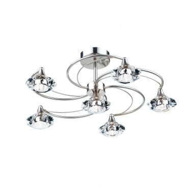 Satin Chrome And Crystal Glass Semi Flush Ceiling Ceiling Light 6 Light