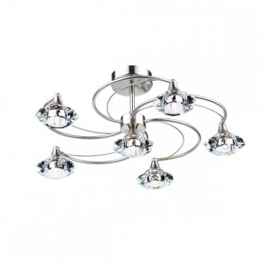 LUTHER - Satin Chrome and Crystal Glass Semi Flush Ceiling Ceiling Light 6 Light