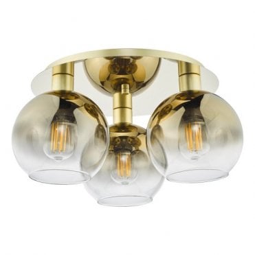 Lycia 3 Light Flush Ceiling Light - Satin Gold with Gold Ombre Glass Shades