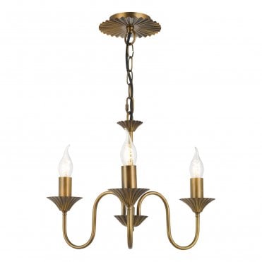 an antique bronze chandelier style light fitting withthree arms and candle style bulbs
