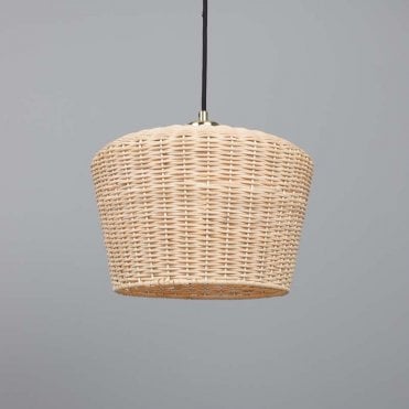 large rattan woven ceiling light with polished brass fittings