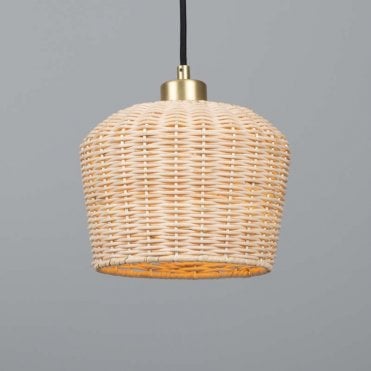 Natural Rattan ceiling pendant with satin brass accents