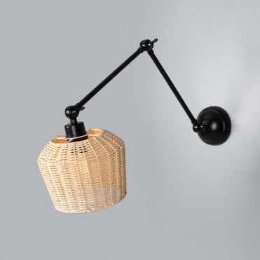 matt black adjustable arm wall light with rattan shade