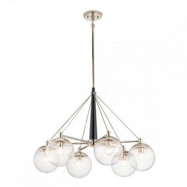 6 light cluster pendant in polished nickel with glass globe shades