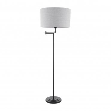 black swing arm floor lamp with linen drum shade