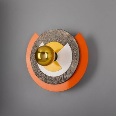 metal and ceramic disc wall light with orange, yellow and white geometric layers