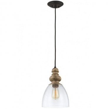 MATRIMONIO Hanging Ceiling Pendant Light in Black and Chrome and Wood/Wood Effect