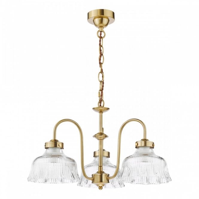 Maude 3 Armed Pendant - Natural Brass with Ribbed Glass Shades