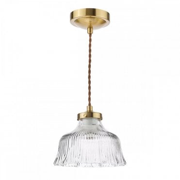 brass ceiling pendant with ribbed glass shade