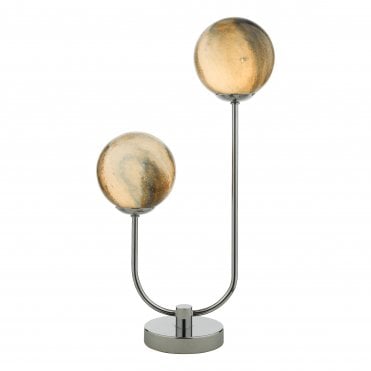 chrome 2 light table lamp with orange planet style art glass shades