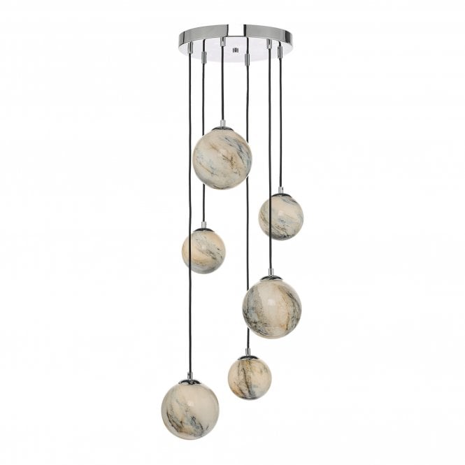 MIKARA 6 Light Cluster Ceiling Pendant Marble Effect Glass & Polished Chrome