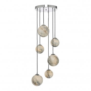 MIKARA 6 Light Cluster Ceiling Pendant Marble Effect Glass & Polished Chrome