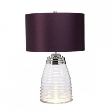 dual-lit table lamp in glass and nickel with aubergine drum shade