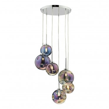 6 light chrome cluster pendant with iridised glass globe shades