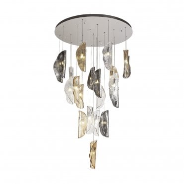 MONOSWATHE 21 Light Ceiling Pendant cluster Polished Chrome with Clear, Amber & Smoked Glass Shades
