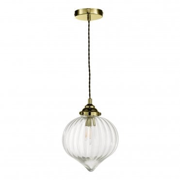 single ceiling pendant in antique brass with ribbed glass shade