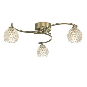 3 light ceiling semi flush in antique brass with dimpled glass shades