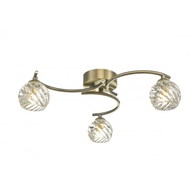 NAKITA 3 Light Semi Flush Ceiling Light Antique Brass With Twisted Open Glass