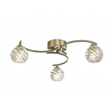 3 light semi flush ceiling light in bradd with twisted open glass shades